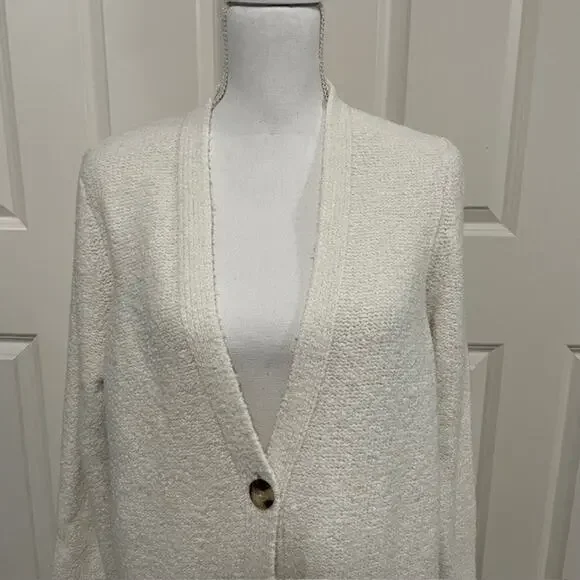 J.Jill Textured Cream Bouclé Knit Long Cardigan Coat LARGE 32" Pockets - Picture 4 of 9
